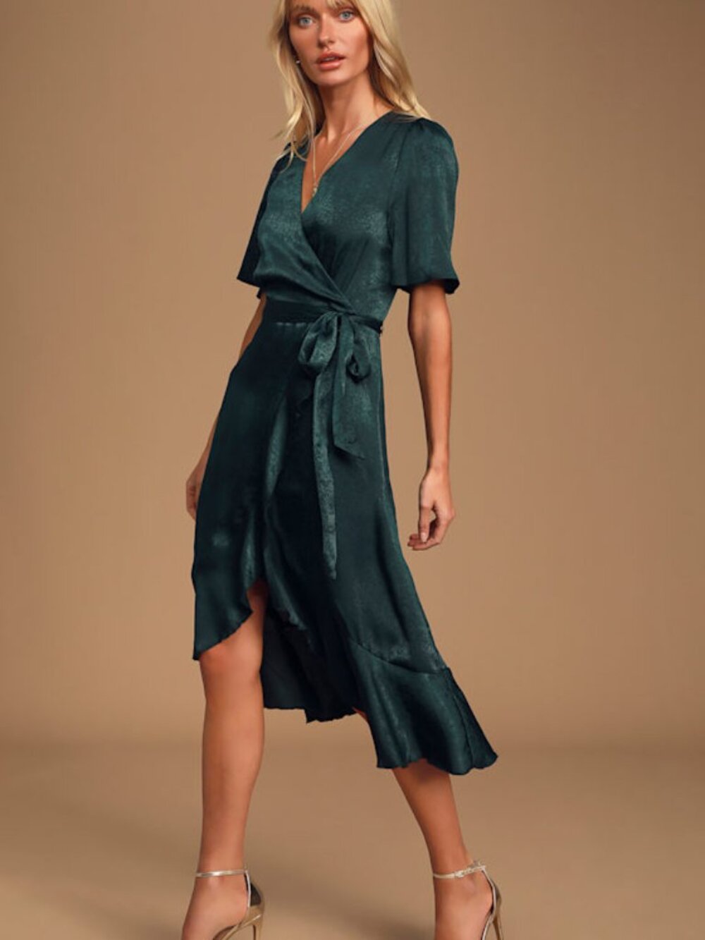 Lulus Wrapped Up In Love Dark Green Satin Faux-wrap Midi Dress - Size L